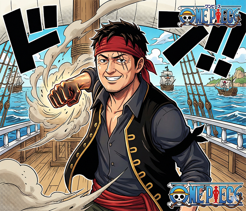 渡邉理事長の写真がONE PIECE風のイラストに